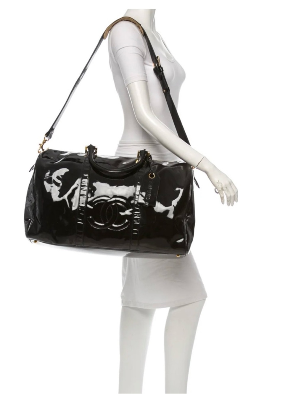 Vintage CHANEL CC Logo Patent Leather Duffel Travel Bag Black